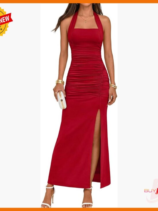Dresses & Skirts - Sleeveless Halter Backless Maxi Dress Ruched Formal Cocktail Wedding Guest